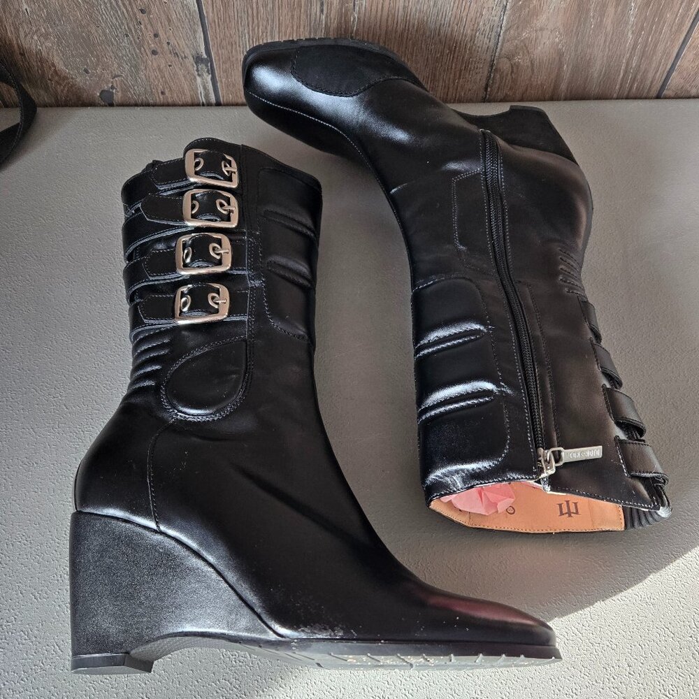Icon Moto black leather wedge heeled boots size 7
